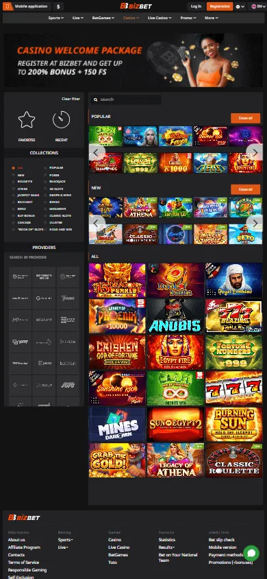 BizBet Casino mobile games area with slots, table games and live formats