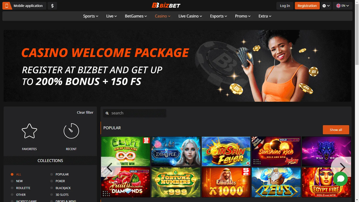 BizBet Casino desktop games area with casino categories and game choices