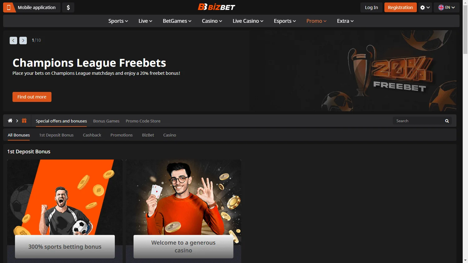 BizBet Casino desktop promotions area showing the staged welcome package