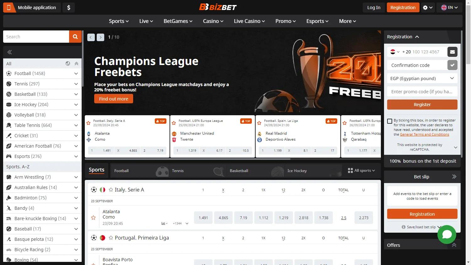 BizBet Casino desktop home screen with the welcome offer and casino navigation